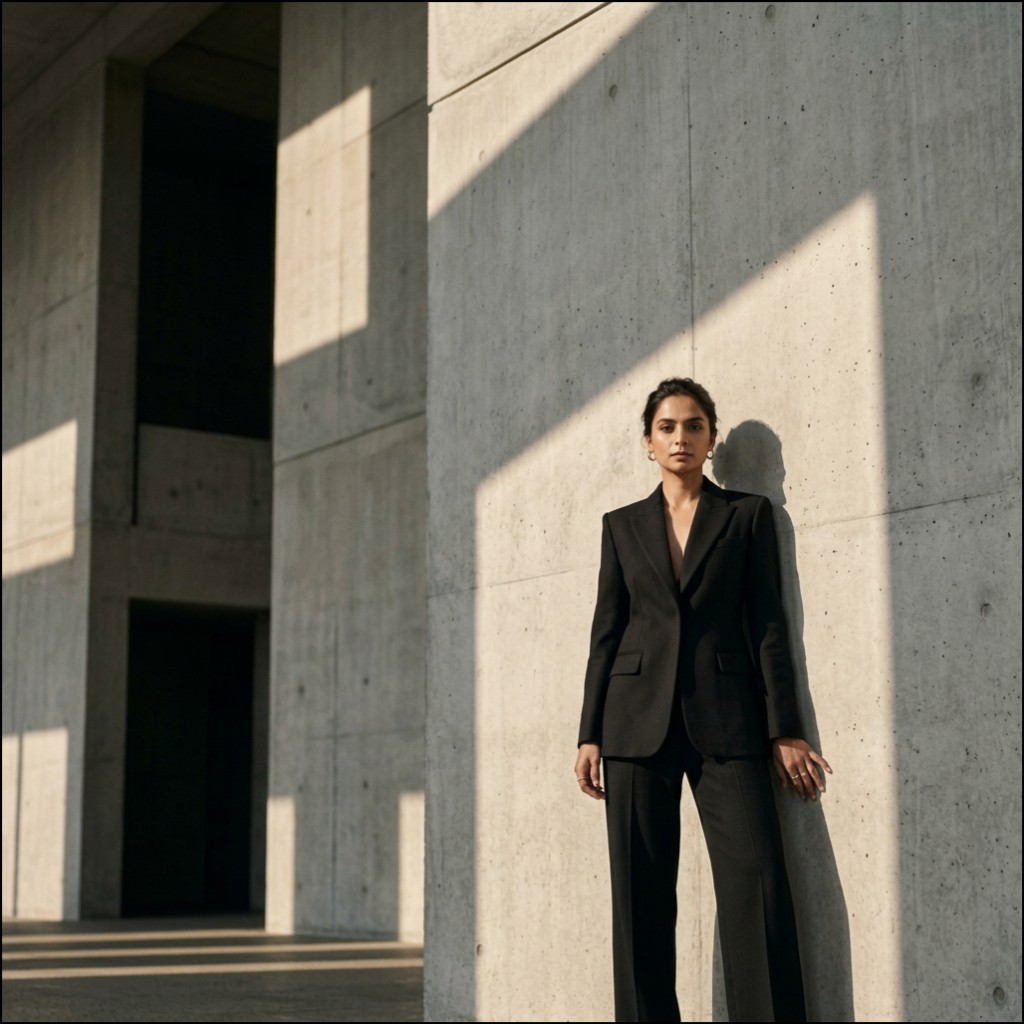 AI model photoshoot — brutalist corridor