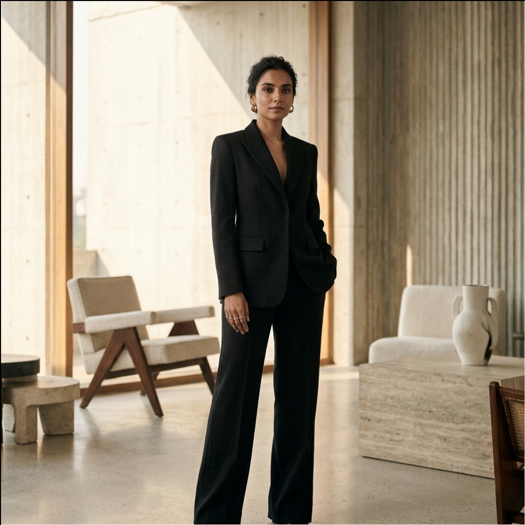AI model photoshoot — seated in leather chair