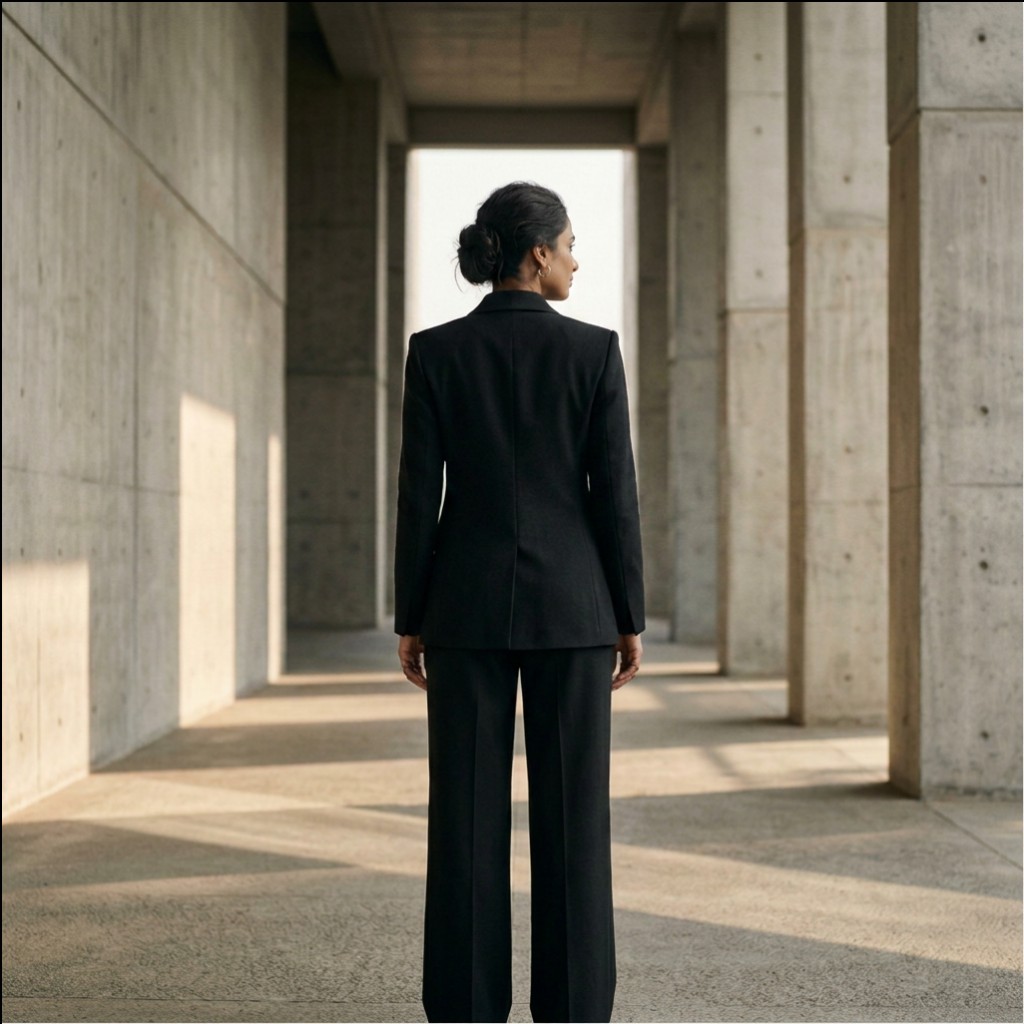 AI model photoshoot — back view in corridor