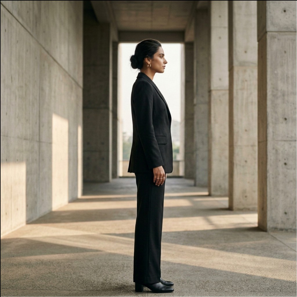 AI model photoshoot — three-quarter power pose