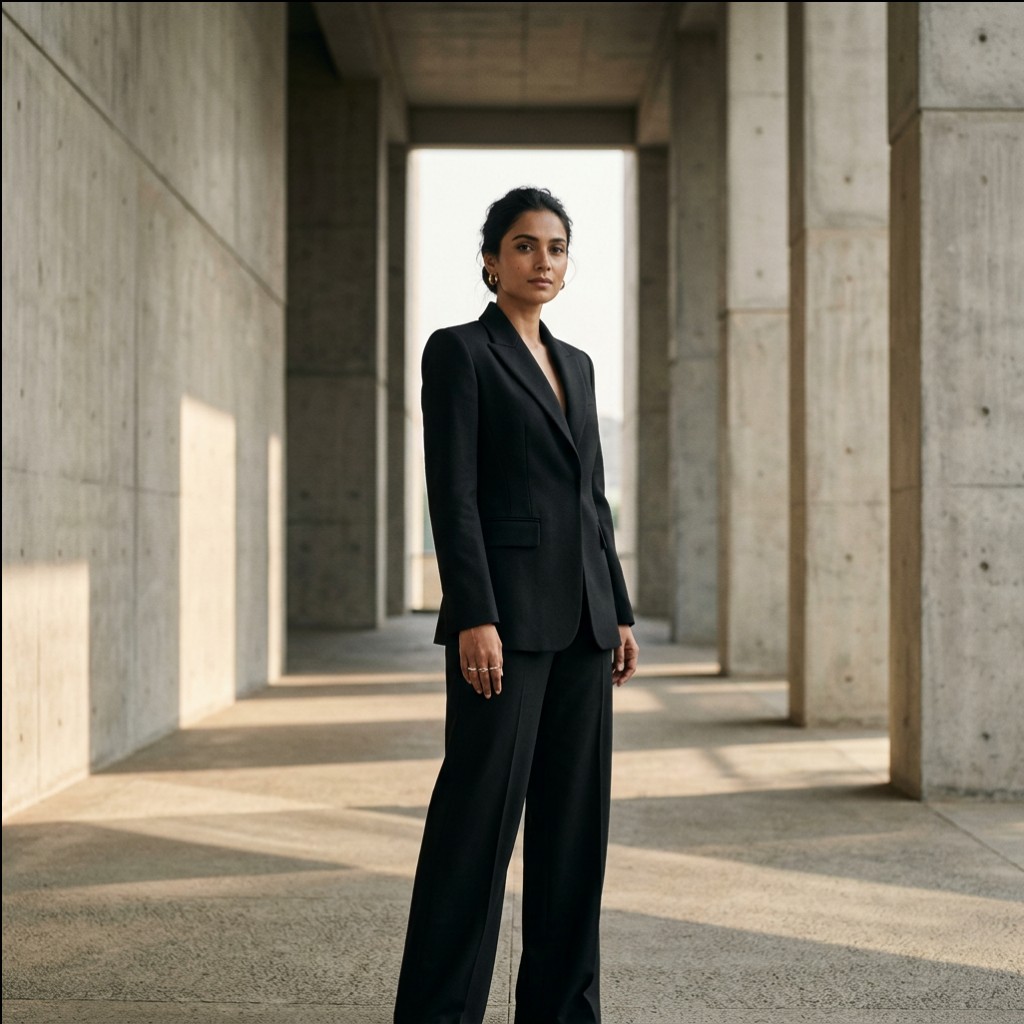 AI model photoshoot — full front in colonnade